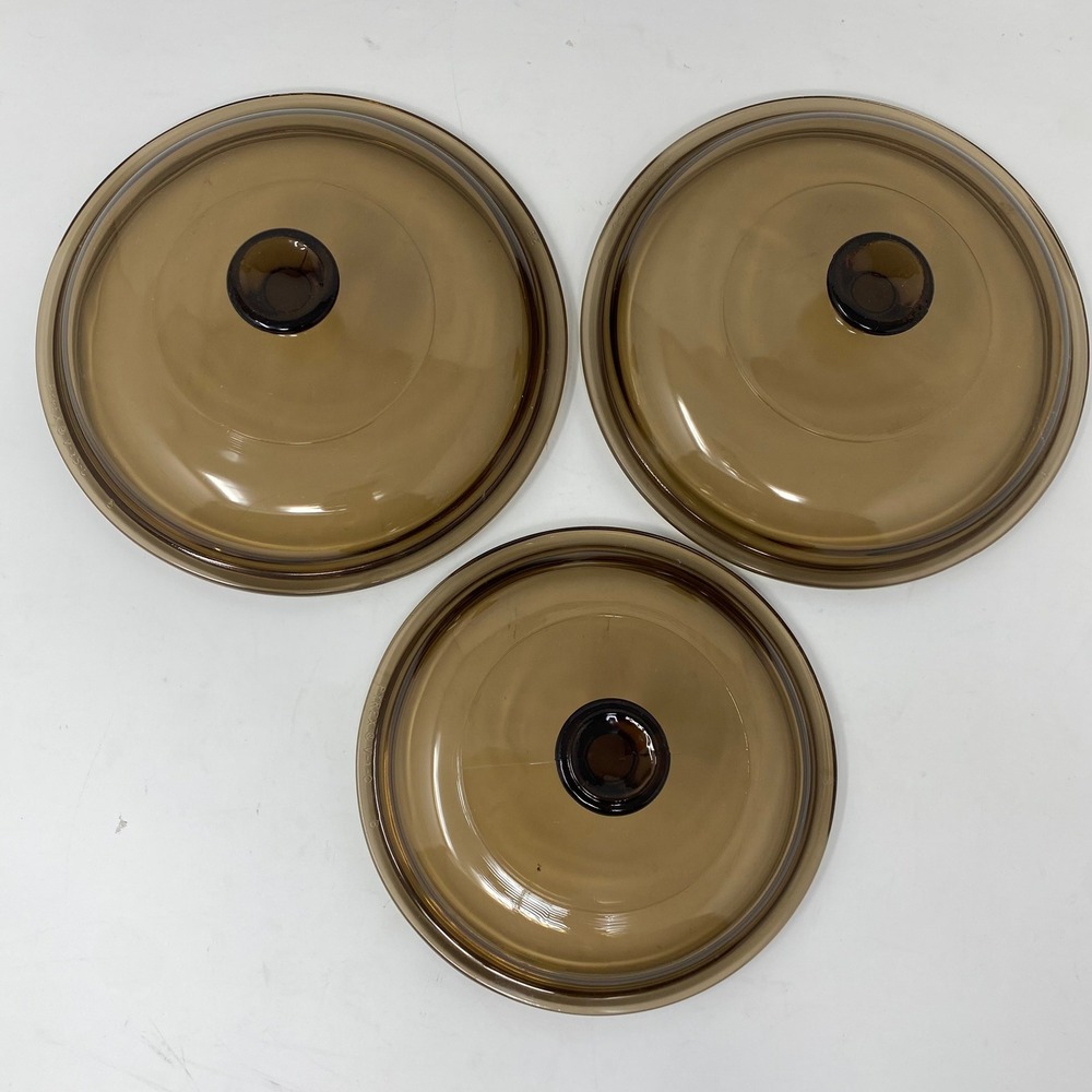 Pyrex 3pc Set Replacement Lids Amber Glass 7.25" V-1.5-C & 6.25" V-1-C